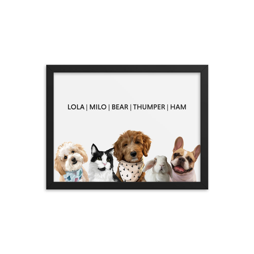 Classic Framed Portrait - Five Pets